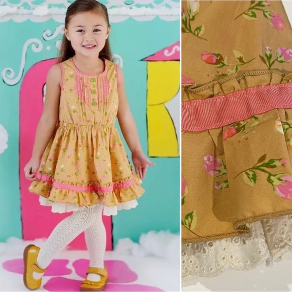 Matilda Jane Floral Ruffle Hem Dress Size 8 Girls Lace Trim Mustard